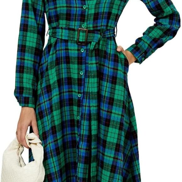 Dresses & Skirts - Women's Plaid Maxi Dress Long Sleeve Collared Belted Button Down Casual
